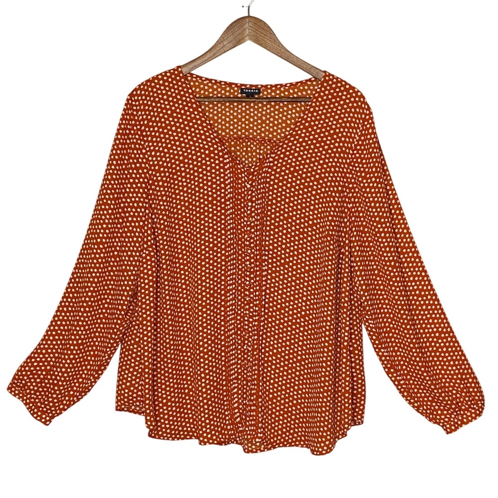 Torrid Womens Polka Dot Pintuck Blouse Top 2X Rust Classic Preppy Career Fall